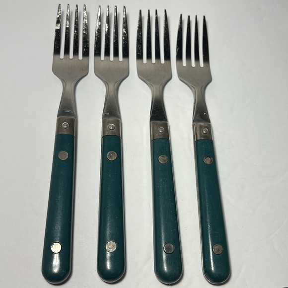 Pier 1 Imports Stainless Flatware Green Teal Rounded Handles SO 12 Forks Knives - Picture 3 of 14